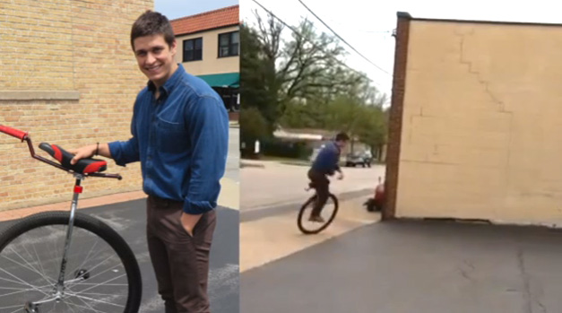 Zach rides a unicycle